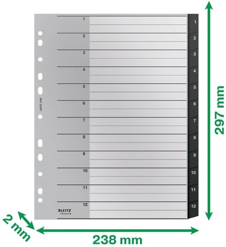 Tabblad Leitz Recycle A4 11-gaats 1-12 extra breed PP-4