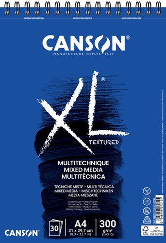 Mixed mediapapier Canson XL Textured Mixed Media 30vel 300gr A4 wit