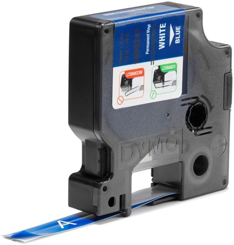 Labeltape Dymo Rhino industrieel vinyl 12mm wit op blauw-2
